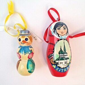 Sitka Alaska Christmas Ornament Lot Lacquered Wood Hand Painted Folk Art Vintage